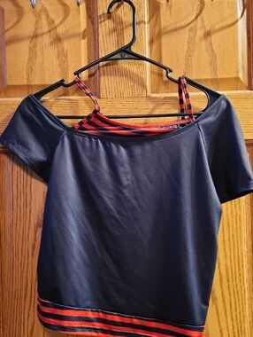 Black Off-Shoulder Women’s Top with Red Stripe Detail